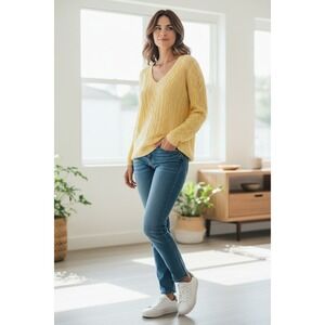 Polo Ralph Lauren Women's Yellow Linen Cable Knit V-Neck Sweater Size S